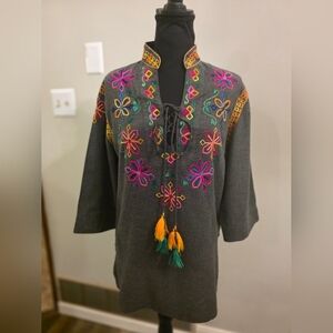 Ivy Jane Embroidered Gray Tunic with Colorful Accents